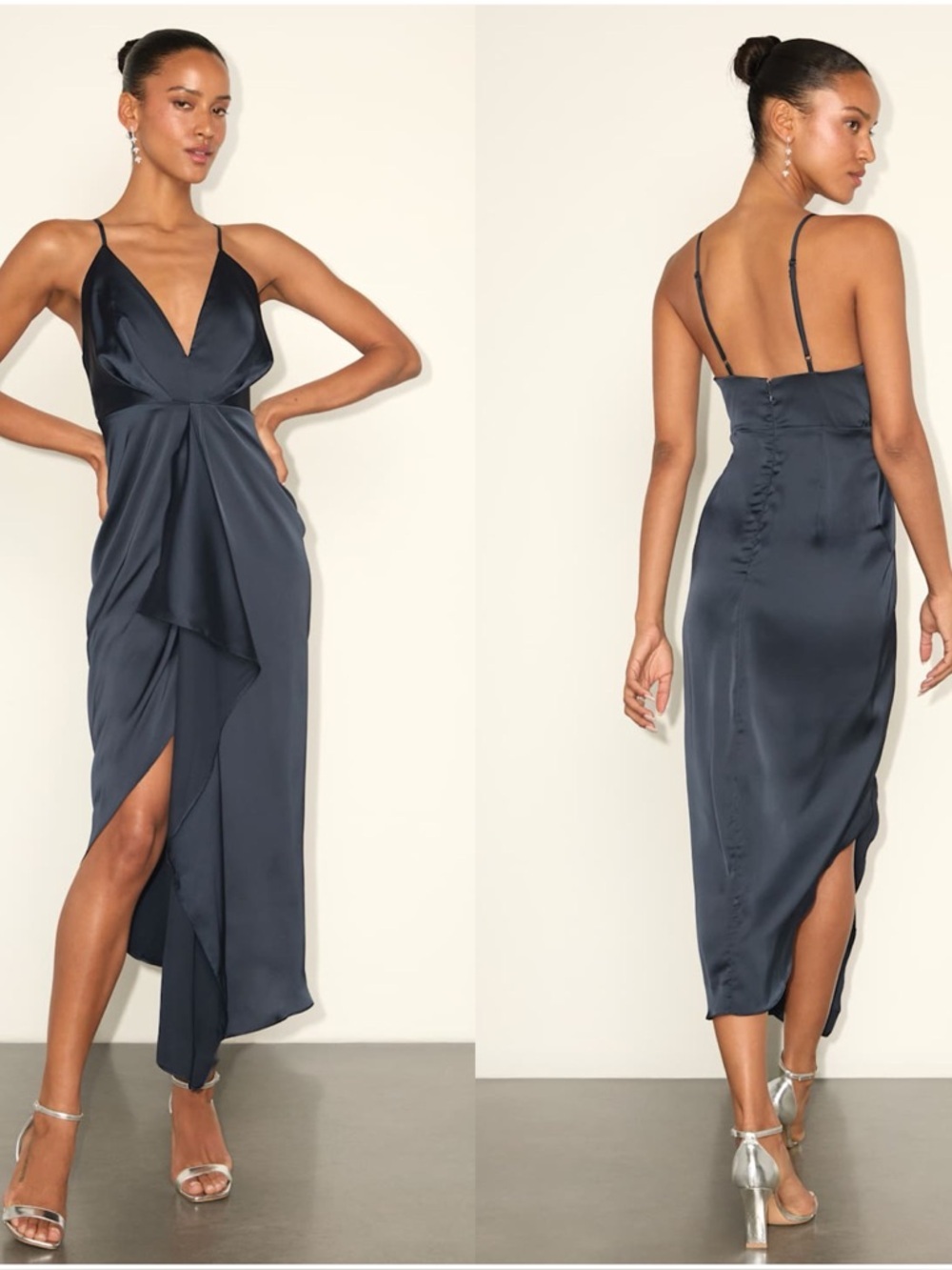 LULU'S Caught Feelings Navy Blue
Satin Ruffled Midi Dress